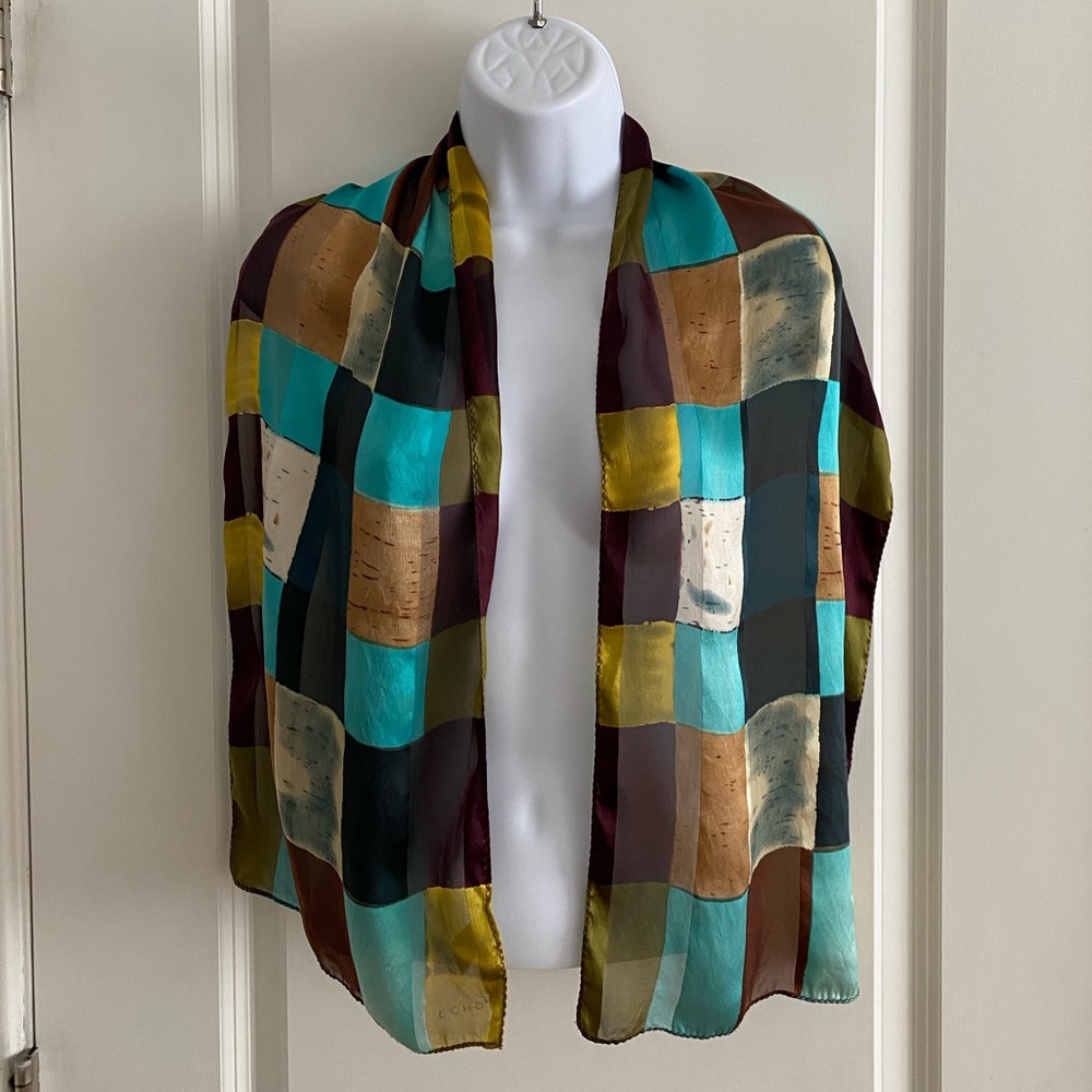 Vintage Echo Color Block  Patchwork Semi Sheer Silk Scarf 🧣